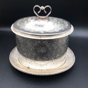 VINTAGE MAYELL SILVER PLATE BISCUIT BARREL ETCHED FLORAL, ATTACHED UNDERPLATE